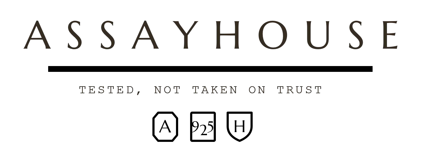 The Assayhouse brand mark: the wordmark, underlined, over the line 'Tested, not taken on trust,' above the three hallmarks — A, 925, H